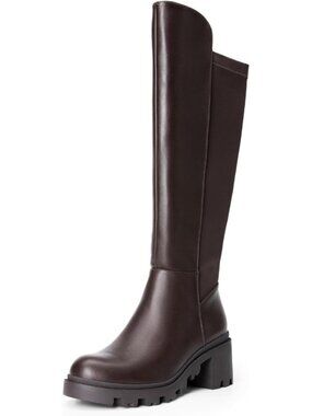 DREAM PAIRS Women's Brown-pu Knee High Platform Chunky Boots Round Toe Side Zip